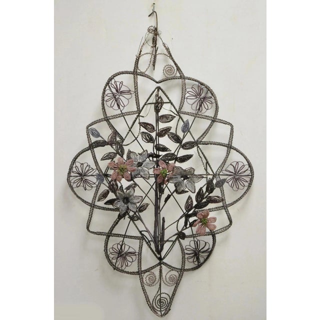 Antique French Victorian Purple Glass Beaded Memorial Wreath Wall Art Sculpture For Sale - Image 10 of 10