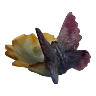 1990s Daum Nancy France Pate De Verre Butterfly on Leaf Dish Made in France - Signed For Sale