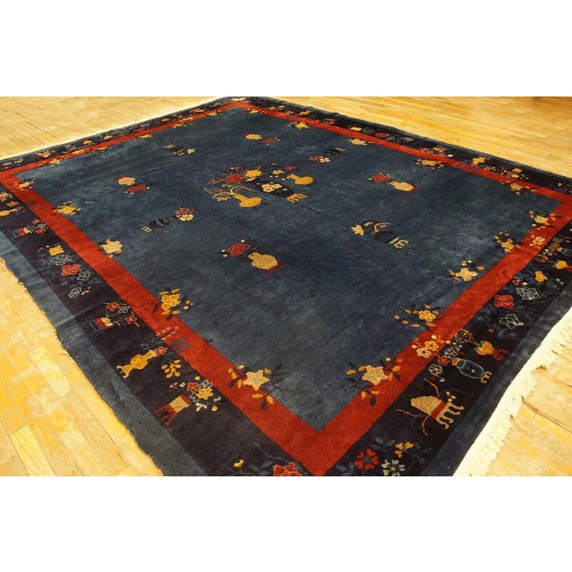 1920s Blue Vase Floral Antique Chinese Peking Rug 9' 1'' X11' 6'' Handknotted Wool Carpet For Sale - Image 4 of 9