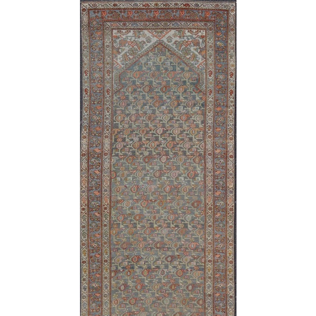 Blue Antique Persian Gallery Kurdish Runner With All-Over Floral Design 4'1" X 17'2" For Sale - Image 8 of 13