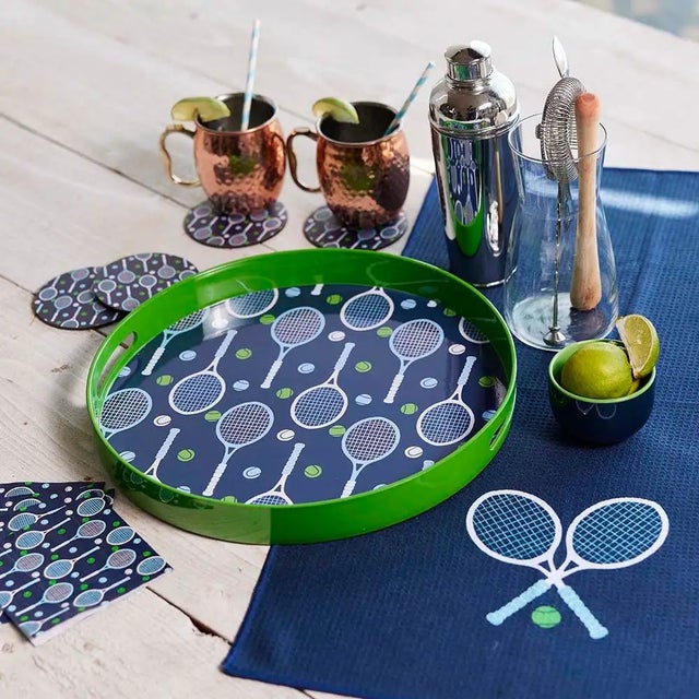 Kenneth Ludwig Chicago Pickleball Green & Blue Round Tray For Sale - Image 4 of 4