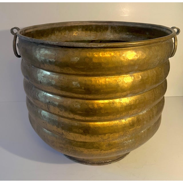 Solid Brass Ribbed Jardiniere Planter with Decorative Ring Handles For Sale - Image 12 of 12
