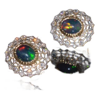 Certified Natural 4.41Cts VS F Diamond Black Opal 18K Solid Gold Cocktail Earrings, A Pair For Sale