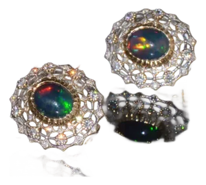Certified Natural 4.41Cts VS F Diamond Black Opal 18K Solid Gold Cocktail Earrings, A Pair
