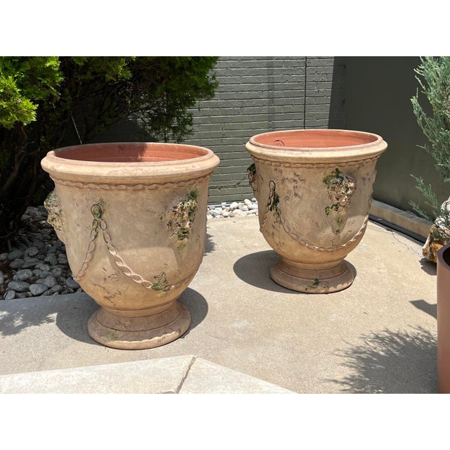 Pair of French Garden Pots From Anduze With Antiqued Patina, Mascarons and Swags For Sale - Image 4 of 16