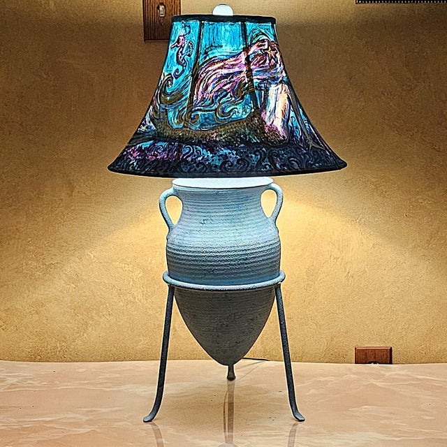Metal Late 20th Century Coastal Custom-Painted Coastal Ceramic Amphora Table Lamp With Mermaid & Seahorse Shade For Sale - Image 7 of 18