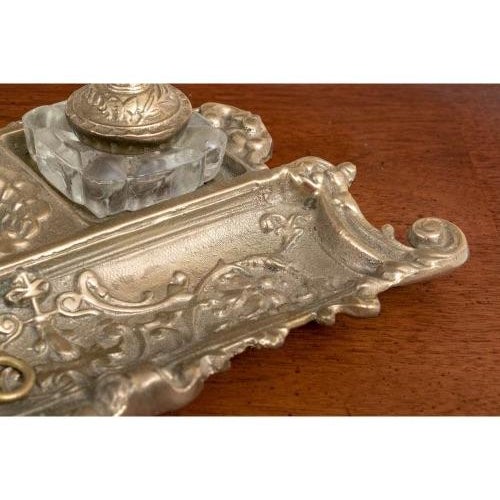 Vintage Rococò Style Brass and Crystal Double Inkwells and Stand For Sale - Image 4 of 10
