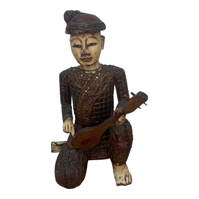 Hand-Carved Chinese Wooden Figural Sculpture of Seated Musician With String Instrument For Sale