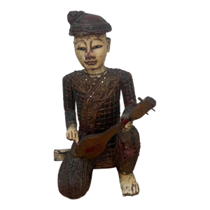 Hand-Carved Chinese Wooden Figural Sculpture of Seated Musician With String Instrument
