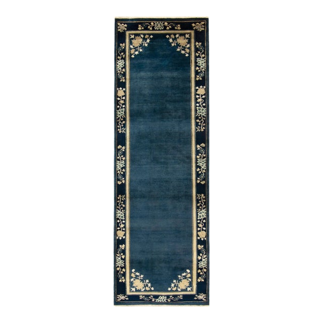 Vintage Chinese Deco Style Runner in Deep Blue, Off White, Gold Floral Border For Sale