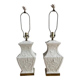 Paul Hanson Vintage Blanc De Chine Chinoiserie Ceramic Lamps - A Pair With Original Shades For Sale