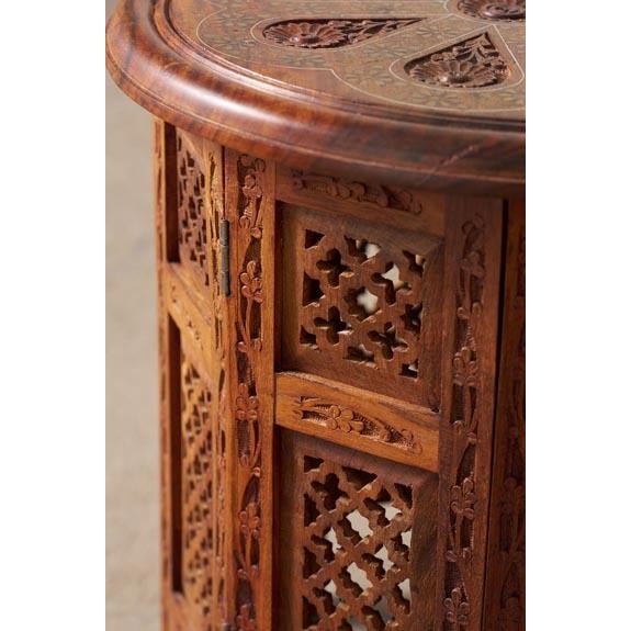 Petite Vintage Anglo Indian Octagonal Table With Floral Carvings + Brass Inlay For Sale - Image 4 of 5