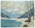Serene mid-century winter landscape with a cabin near a lake covered in snow and tall mountains in the distance by William...