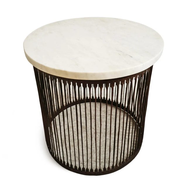 Vintage round white marble top entry table with rust finish iron stripe cylinder base. Each table unique in natural marble...