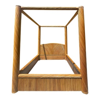 Monumental Vintage Pencil Reed Rattan Canopy Bed, Queen Size For Sale