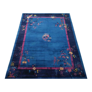 1920s Blue Floral Antique Chinese Art Deco Rug 9'2" X 11'8" Handknotted Wool Carpet
