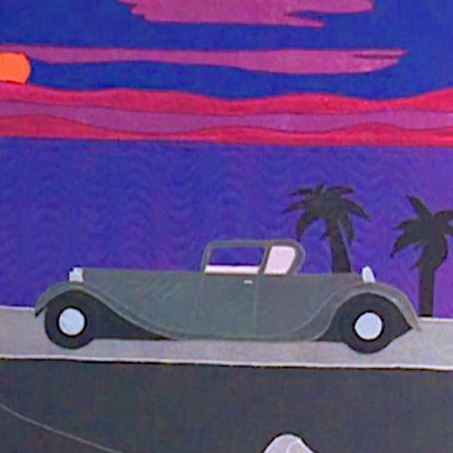 Mid to late 20th century, London. Elegant hand sewn silk wall hanging of woman alongside Rolls Royce in elegant dress with...