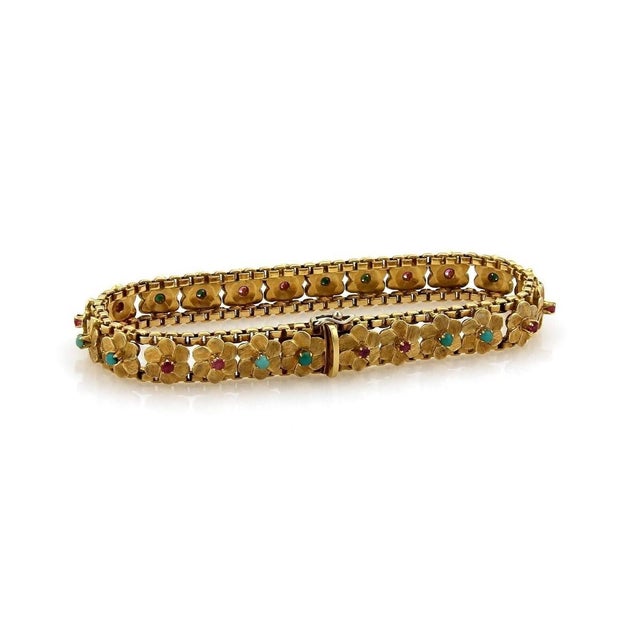 Contemporary Mid 20th Century Multi-Gems 18k Yellow Gold Floral Link Bracelet For Sale - Image 3 of 5