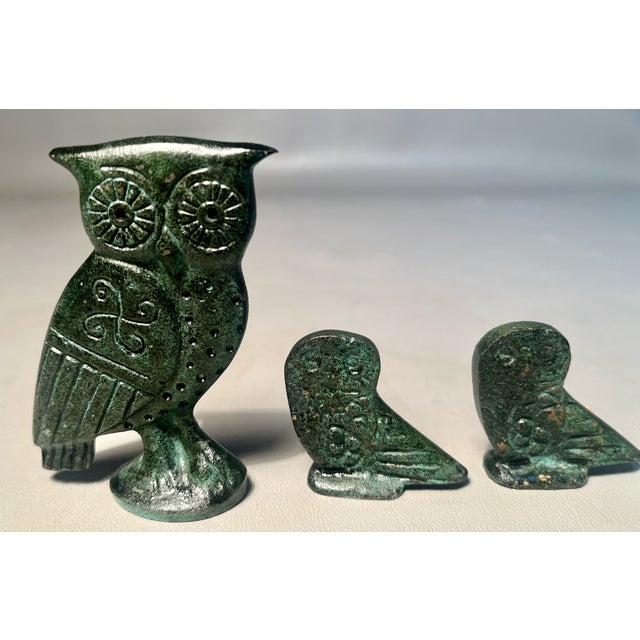 Realism A Bronze Owl Family of 5 From Greece by C.Sclavenitis Greek Coin Pattern For Sale - Image 3 of 6