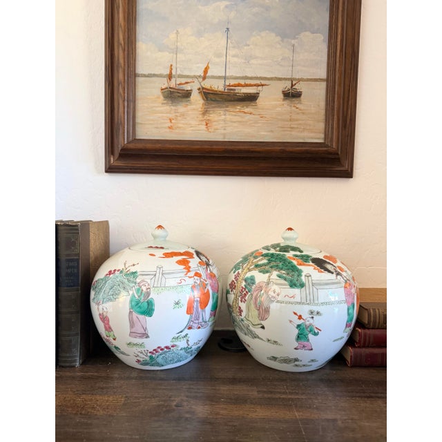 Pair Vintage Chinese Melon Jars | Famille Rose Porcelain Ginger Jars For Sale - Image 11 of 12
