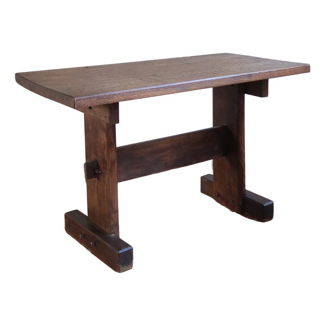 Oak Side Table with Pegged Trestle Base, France, 1950s For Sale