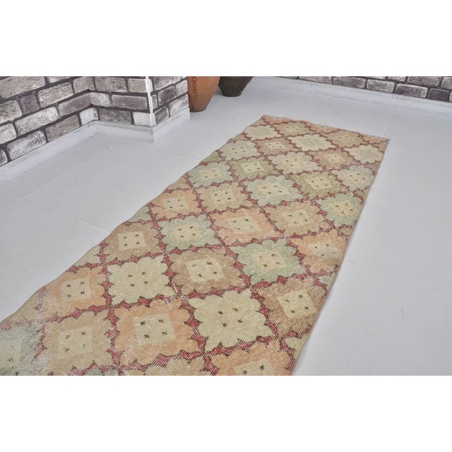 Vintage Turkish Runner, Muted Pastel Diamond Lattice Pattern, Hand-Knotted Wool For Sale - Image 4 of 10