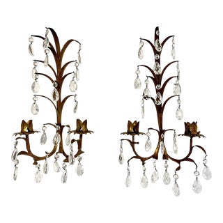 Vintage Italian Gilded Tole and Crystals Candle Sconces - a Pair For Sale