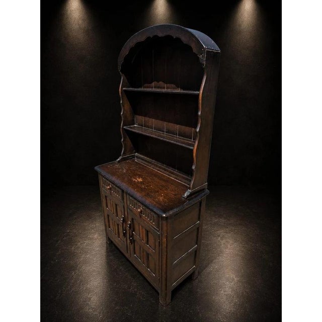 Arts & Crafts Carved Oak Dresser Cabinet with Open Display Rack For Sale - Image 3 of 9