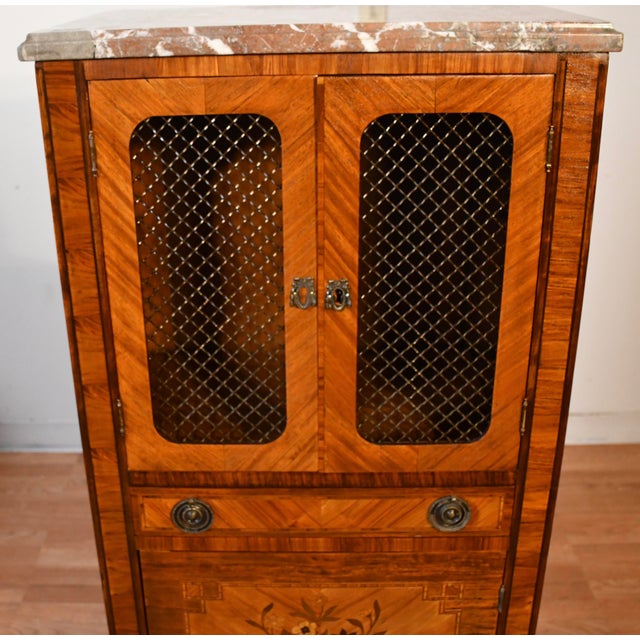French 1900s Antique French Louis XVI Walnut Satinwood Inlay & Marble Top Cabinet For Sale - Image 3 of 12