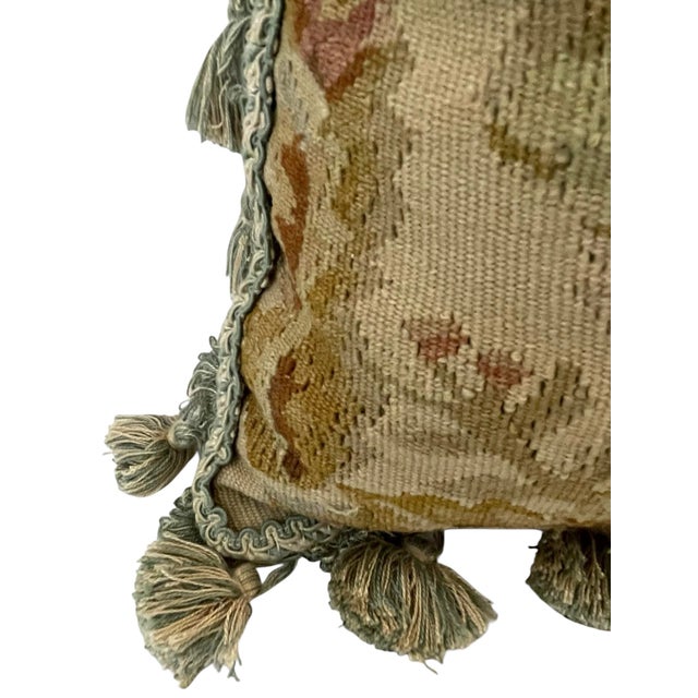 Shabby Chic Antique Aubusson Pillow Floral Border Design Fringed Edge. Feather/Down Fill For Sale - Image 3 of 4