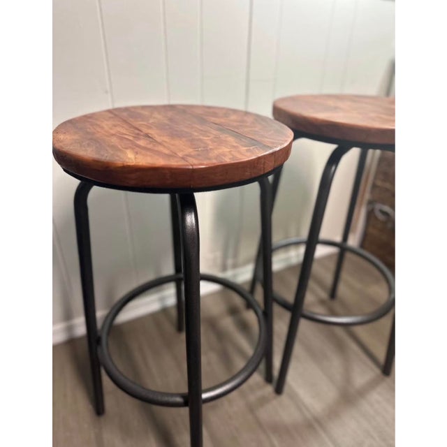 Handcrafted Cherry Wood Bar Stools Barstools Chairs With Hammered Bronze Finish — A Pair For Sale - Image 4 of 7