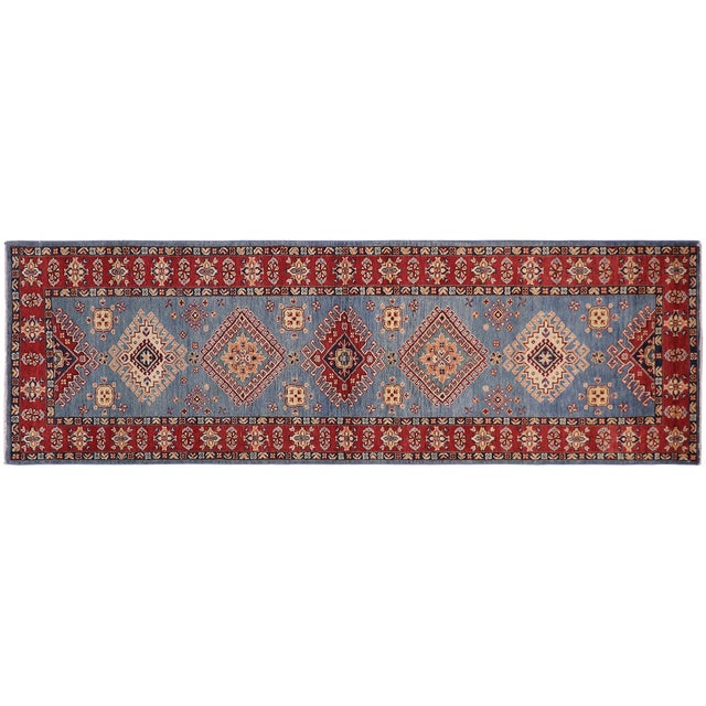 Tribal Super Kazak Light Blue/Red Wool Runner Rug- 2'11'' X 9'8'' For Sale - Image 10 of 10