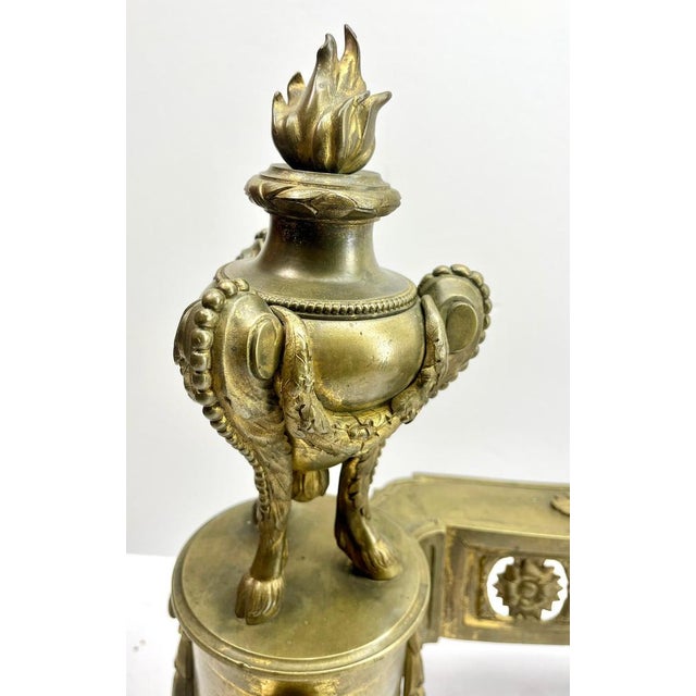 French Louis XVI Neoclassical Brass Andirons, 1870, Set of 2 For Sale - Image 4 of 12