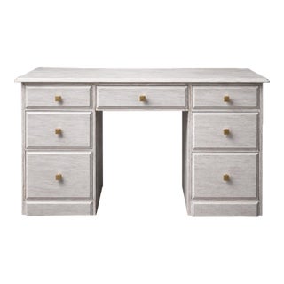 Late 20th Century Coastal Breeze Whitewashed Double Pedestal Desk With File Drawers – Solid Pine 57” W For Sale