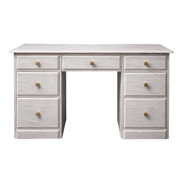 Late 20th Century Coastal Breeze Whitewashed Double Pedestal Desk With File Drawers – Solid Pine 57” W For Sale