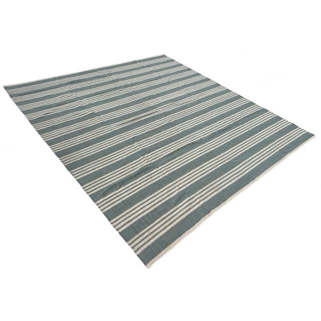 Handmade Woolen Flat Weave Rug, Blueish Grey and White Striped Wool Rug - 8'x10' For Sale - Image 13 of 13