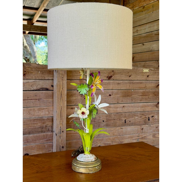 Vintage Italian Tole Floral Table Lamp With Hand-Painted Flowers For Sale - Image 11 of 11