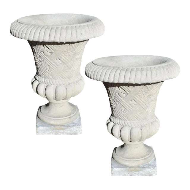 Round Fluted Concrete Basket Weave Garden Planters a Pair Chairish