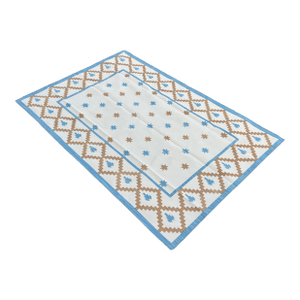 Handmade Cotton Flat Weave Area Rug, Cream, Tan and Sky Blue Star Geometric Dhurrie - 6'x9'
