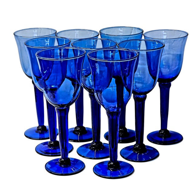 Mexican Late 20th Century Mexican Handblown Cobalt Blue Stem Glasses, Set of 9 For Sale - Image 3 of 13