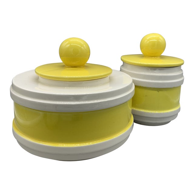 Vintage California Pottery Yellow White Kitchen Canisters A