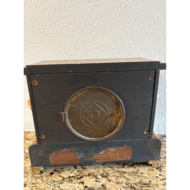 Seth Thomas Clock Company Antique Seth Thomas Adamantine Mantel Clock Tiger Oak Columns Circa 1900 For Sale - Image 4 of 4