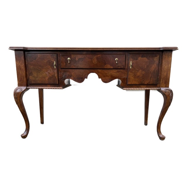 Vintage English Georgian Style Queen Anne Burled Wood Sideboard Credenza For Sale
