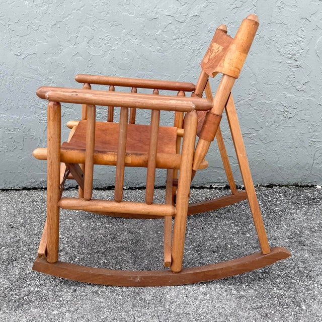 Mid 20th Century Vintage Costa Rican Wood and Leather Folding Rocking Chair For Sale - Image 5 of 9