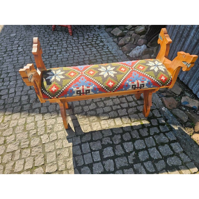 Wood Folk Style Wooden Bench with Carved Dogs, 1960s For Sale - Image 7 of 9