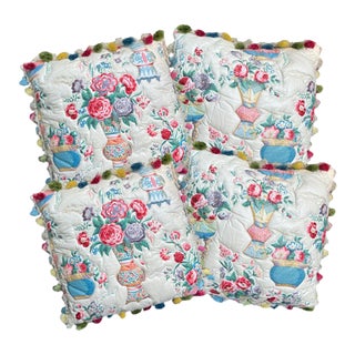 Custom Designer Embossed Floral Chinoiserie Vase Fringe Trim Pillows – a Set of Four For Sale