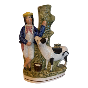 Antique Staffordshire Flatback Figurine Depicting Boy With a Cow