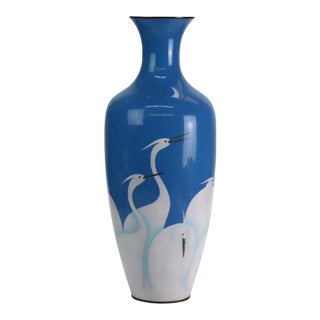 JCB Enameled Copper Floor Vase With Herons C1920 For Sale