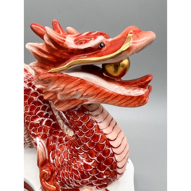 Vintage Hand-Painted Chinese Porcelain Dragon Sculpture With Flaming Pearl – Gumps San Francisco Style – Chinoiserie / Hollywood Regency For Sale - Image 14 of 14