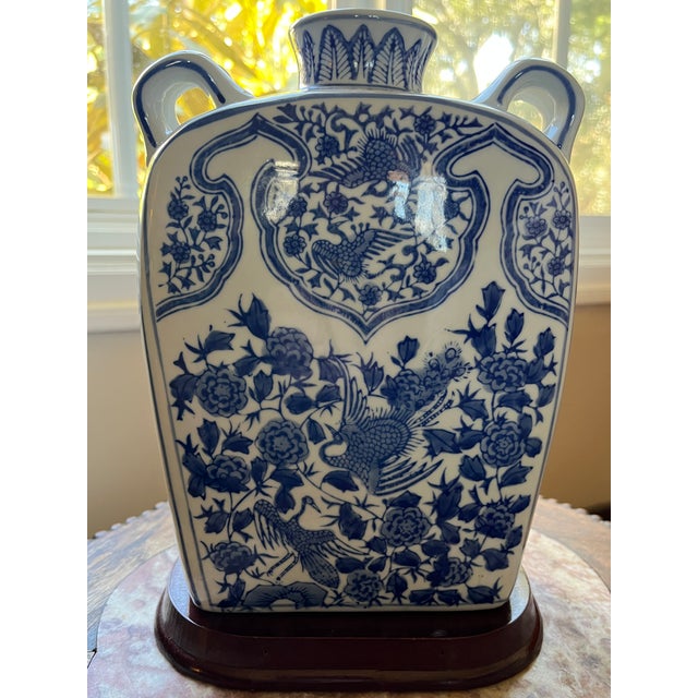 Late 20th Century Vintage 10.5" Chinoiserie Blue & White Phoenix Moon Flask With Stand For Sale - Image 5 of 8